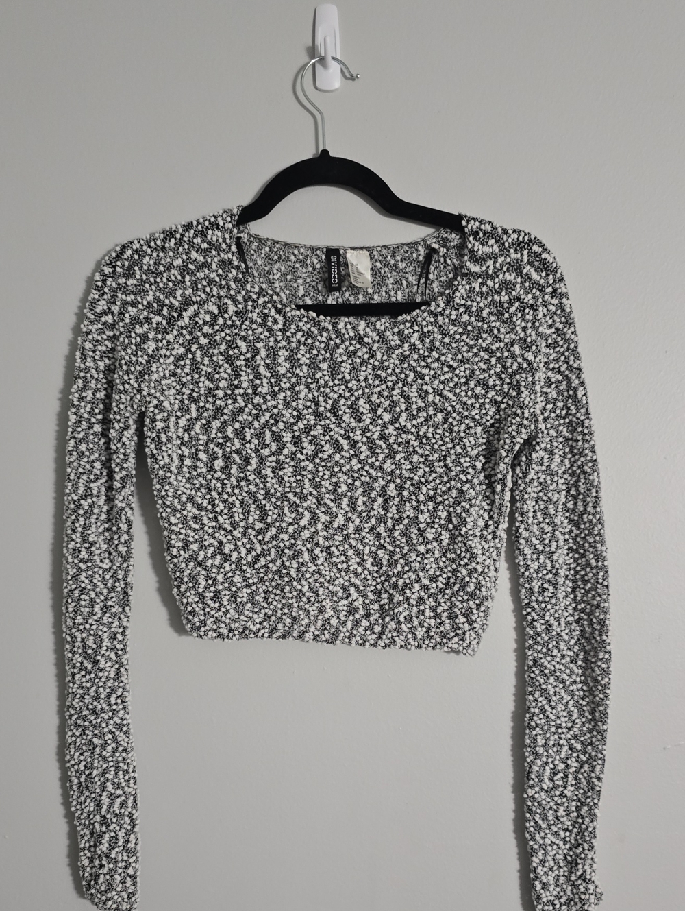 Divided Black and White Textured Cropped Long-Sleeve Top